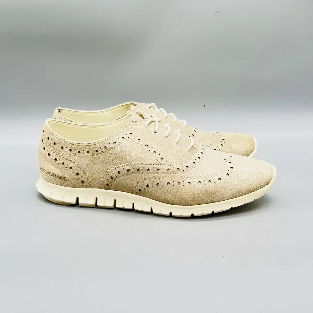 Cole Haan Shoes Womens 8.5 Beige Gold Suede Zerogrand Wingtip Oxford Sneakers